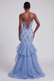 Blue Mermaid Strapless Ruffled Floral Appliques Organza Prom Dress with Bow