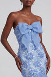 Blue Mermaid Strapless Ruffled Floral Appliques Organza Prom Dress with Bow