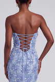 Blue Mermaid Strapless Ruffled Floral Appliques Organza Prom Dress with Bow