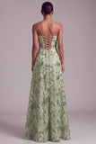 Green A-Line Strapless Sequins Floral Embroidered Prom Dress with Lace Up Back