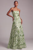 Green A-Line Strapless Sequins Floral Embroidered Prom Dress with Lace Up Back