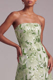 Green A-Line Strapless Sequins Floral Embroidered Prom Dress with Lace Up Back