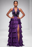 Purple Halter Cut Out Tiered Ruffled Satin Velvet Long Prom Dress with Slit