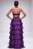 Purple Halter Cut Out Tiered Ruffled Satin Velvet Long Prom Dress with Slit