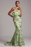 Green Mermaid Strapless Ruffled Long Prom Dress with Sequins