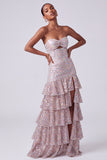 Blush Sequins Strapless Tiered Ruffled Keyhole Long Prom Dress with Side Slit