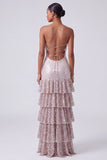 Blush Sequins Strapless Tiered Ruffled Keyhole Long Prom Dress with Side Slit