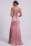 Dusty Rose Corset Off the Shoulder Satin Sheath Sequins Long Prom Dress with Beading