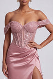 Dusty Rose Corset Off the Shoulder Satin Sheath Sequins Long Prom Dress with Beading