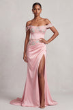 Pink Sheath Off the Shoulder Ruched Satin Floral Embroidery Long Prom Dress with Slit