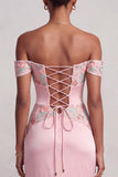 Pink Sheath Off the Shoulder Ruched Satin Floral Embroidery Long Prom Dress with Slit