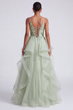 Light Green A-Line Spaghetti Straps Tiered Sequins Long Prom Dress with Appliques