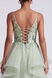 Light Green A-Line Spaghetti Straps Tiered Sequins Long Prom Dress with Appliques