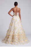 Light Yellow Corset Strapless Tiered Ruffled Long Prom Dress with Floral Appliques