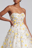 Light Yellow Corset Strapless Tiered Ruffled Long Prom Dress with Floral Appliques