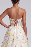 Light Yellow Corset Strapless Tiered Ruffled Long Prom Dress with Floral Appliques