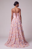 Satin Pink Corset Appliques Pearls A-Line Strapless Long Prom Dress