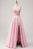 Pink Satin Sweetheart Floral A-Line Long Formal Dress with Slit