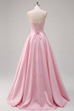 Pink Satin Sweetheart Floral A-Line Long Formal Dress with Slit