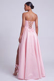 Pink Satin Strapless Floral Appliques A-Line Long Prom Dress with Side Slit