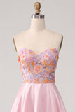 Pink Satin Sweetheart Floral A-Line Long Formal Dress with Slit