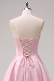 Pink Satin Sweetheart Floral A-Line Long Formal Dress with Slit