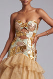 Gold Cut Out Strapless Tiered Ruffled Organza Sequins Long Prom Dress
