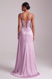 Light Purple Mermaid Floral Appliques Corset Ruched Satin Long Prom Dress with Slit