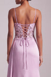 Light Purple Mermaid Floral Appliques Corset Ruched Satin Long Prom Dress with Slit