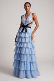 Light Blue V-Neck Floral Appliques Chiffon Tiered Ruffled Tulle Long Prom Dress with Bow