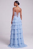 Light Blue A-Line Satin Corset Sheer Chiffon Tiered Ruffled Long Prom Dress with Slit