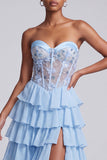 Light Blue A-Line Satin Corset Sheer Chiffon Tiered Ruffled Long Prom Dress with Slit