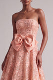 Peach Strapless Floral Embroidery Sequins A-Line Long Prom Dress with Satin Bow