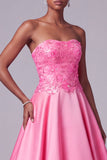 Hot Pink Strapless Satin Floral Embroidery Sequins A-Line Long Prom Dress