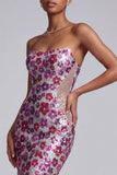 Fuchsia Sheer Mesh Strapless Sequins Floral Mermaid Long Prom Dress with Sweep Train