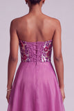 Fuchsia Sequins Floral Strapless A-Line Chiffon Long Prom Dress