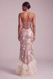 Pink Halter Sequins Sheath Organza Tiered Ruffled Long Prom Dress with Side Slit