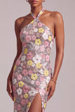 Pink Halter Sequins Sheath Organza Tiered Ruffled Long Prom Dress with Side Slit