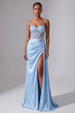 Light Blue Spaghetti Straps Sheath Satin Ruched Rhinestone Long Prom Dress with Slit
