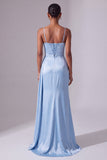 Light Blue Spaghetti Straps Sheath Satin Ruched Rhinestone Long Prom Dress with Slit