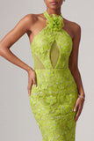 Halter Neck Green Mermaid Cut Out Sequins Embroidery Long Prom Dress with 3D Flowers