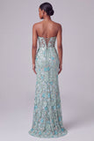 Dusty Blue Corset Sheer V-Neck Floral Sequins Embroidery Mermaid Long Prom Dress with Slit
