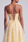 Yellow Corset Strapless Jacquard Tiered A-Line Long Prom Dress with Ruffled Hem