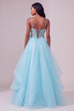 Light Blue Corset Spaghetti Straps A-Line Sequins Asymmetrical Tiered Ruffled Long Prom Dress
