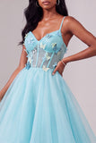 Light Blue Corset Spaghetti Straps A-Line Sequins Asymmetrical Tiered Ruffled Long Prom Dress