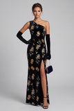 Black Velvet Sheath One Shoulder Sequins Maxi Mother of the Bride Dress with Side Slit