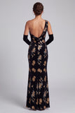 Black Velvet Sheath One Shoulder Sequins Maxi Mother of the Bride Dress with Side Slit