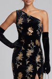 Black Velvet Sheath One Shoulder Sequins Maxi Mother of the Bride Dress with Side Slit