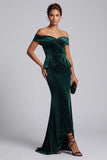 Dark Green Sheath Off the Shoulder Velvet High Low Long Mother of the Bride Dress