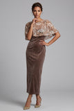 Chocolates Sheath Round Neck Velvet Sequins Long Mother of the Bride Dress with Cape
